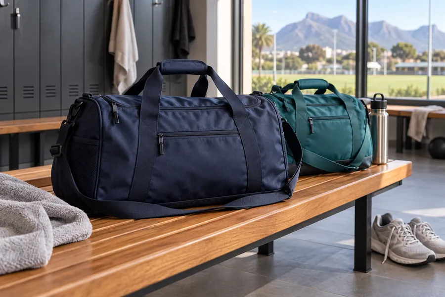 Navy and teal sports bags on a modern changing-room bench